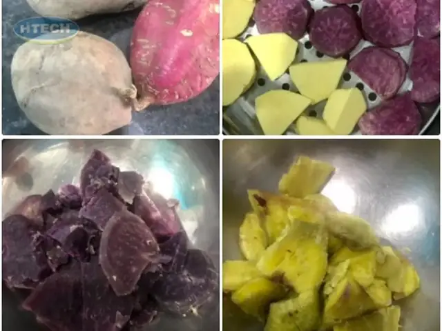 4.1. Hấp, nghiền mịn và tạo màu cho khoai lang 4.1. Hấp, nghiền mịn và tạo màu cho khoai lang