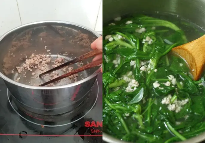 Nấu canh cải cúc thịt băm Nấu canh cải cúc thịt băm