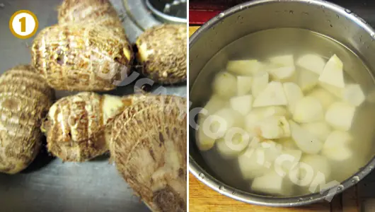 Gọt rửa khoai sọ sạch rồi cắt miếng vừa ăn Gọt rửa khoai sọ sạch rồi cắt miếng vừa ăn