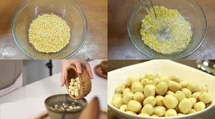 Bước 1: Sơ chế và ngâm hạt sen, đậu xanh, gạo nếp