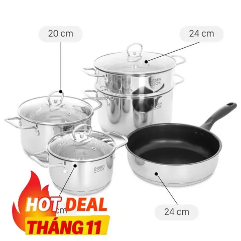 Bộ Nồi Chảo Inox 5 Đáy Green Cook Gcs241-t1
