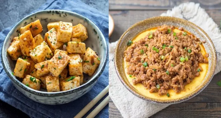 1. Đậu hũ chiên sốt hành - Thịt xay om trứng/ đậu hũ trứng