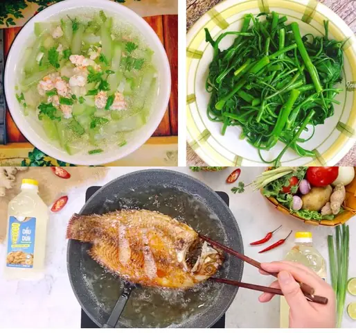 Mâm 2: Canh bí đao nấu tôm, rau muống luộc, và cá diêu hồng chiên nước chấm nước mắm chua ngọt Mâm 2: Canh bí đao nấu tôm, rau muống luộc, và cá diêu hồng chiên nước chấm nước mắm chua ngọt