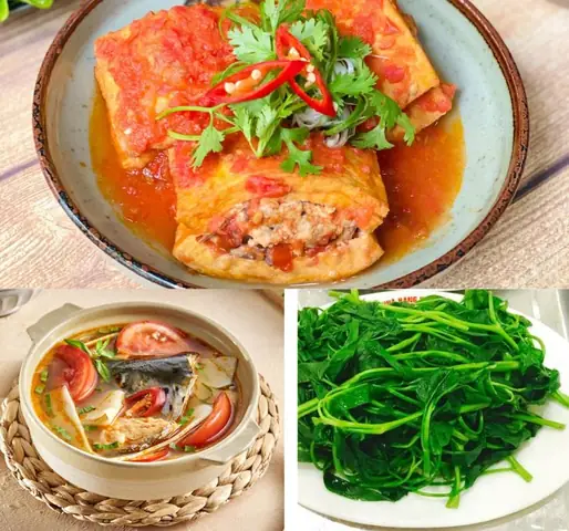 Mâm 3:Đậu hũ nhồi thịt sốt cà, canh chua đầu cá hồi, rau luộc Mâm 3:Đậu hũ nhồi thịt sốt cà, canh chua đầu cá hồi, rau luộc