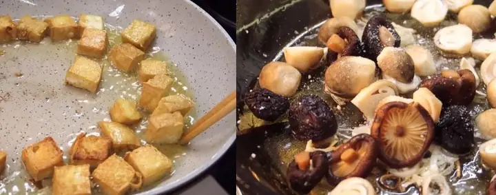 Chiên đậu hũ, xào nguyên liệu nấu bún Chiên đậu hũ, xào nguyên liệu nấu bún