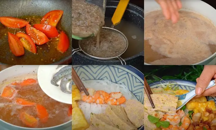 Nấu riêu tôm thịt và nước dùng