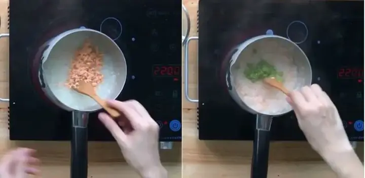 Bước 5: Tiến hành nấu cháo cá hồi măng tây