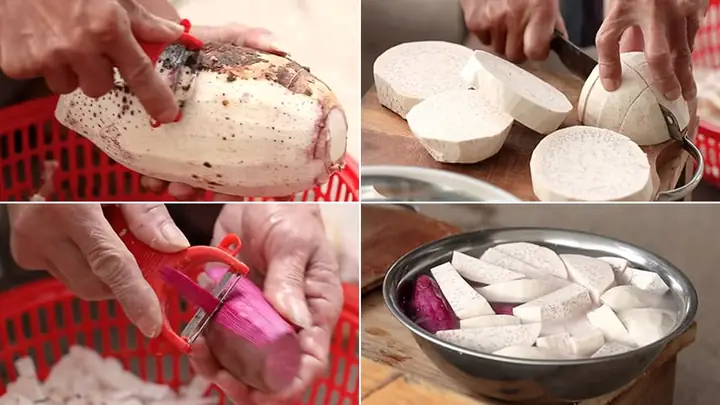 Bước 1: Sơ chế khoai lang và khoai môn Bước 1: Sơ chế khoai lang và khoai môn