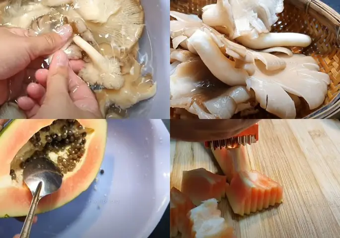 Sơ chế đu đủ và nấm