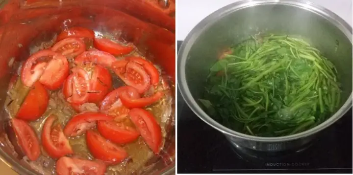 Nấu canh rau muống cà chua Nấu canh rau muống cà chua