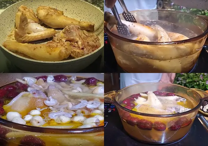 Nấu canh gà hầm ngũ quả