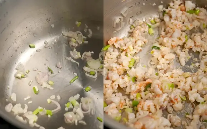 Bước 3Xào tôm và thịt bằm