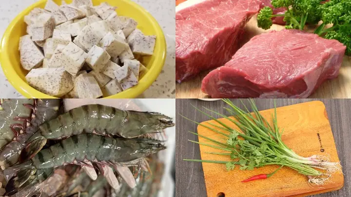 1Nguyên liệu nấu canh khoai mỡ trắng nấu tôm tươi thịt bằm