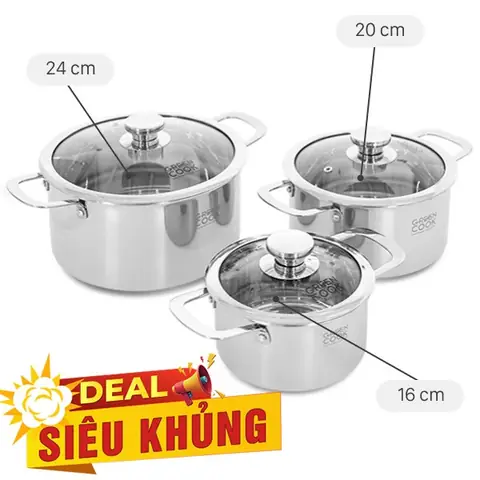 Bộ 3 Nồi Inox 3 Lớp Nguyên Khối Green Cook Gcs256-t1