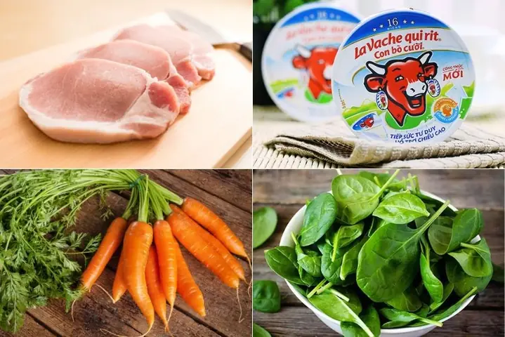Cháo Thịt Heo Nấu Cà Rốt, Cải Bó Xôi Và Phô Mai Cháo Thịt Heo Nấu Cà Rốt, Cải Bó Xôi Và Phô Mai