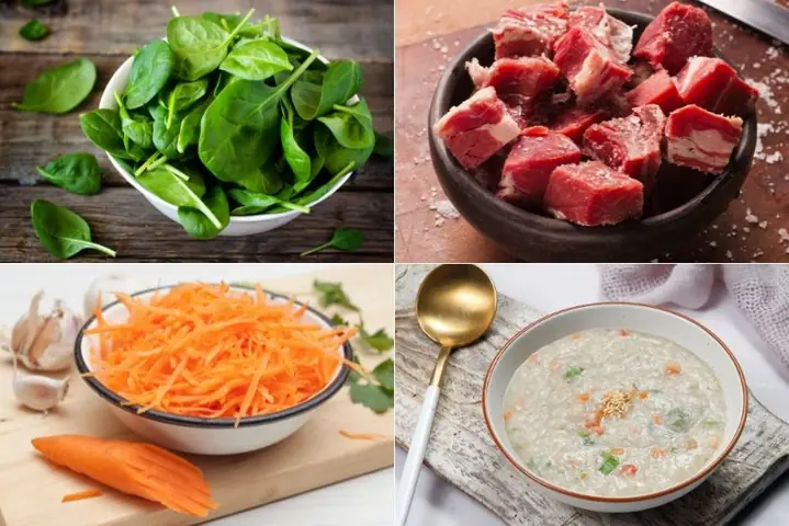 Cháo Thịt Bò Nấu Cải Bó Xôi Và Cà Rốt Cho Bé