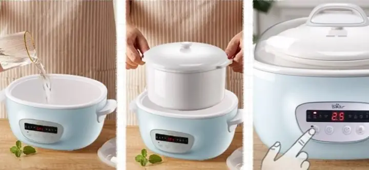 Bước 3: Thêm nước vào thân nồi và đặt thố sứ vào Bước 3: Thêm nước vào thân nồi và đặt thố sứ vào