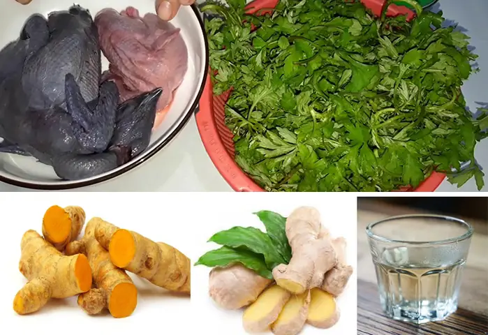Nguyên liệu làm Gà ác tần (hầm) ngải cứu Nguyên liệu làm Gà ác tần (hầm) ngải cứu