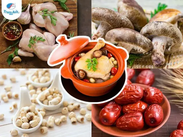 Nguyên liệu nấu gà hầm nấm hương hạt sen, táo đỏ