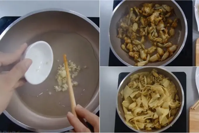 Bước 2: Xào ếch cùng măng cho đậm vị