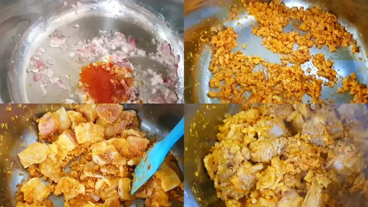 Bước 3Xào tôm khô và thịt