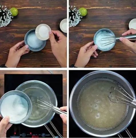 Bước 2. Trộn hai loại bột rau câu lại với nhau, hòa tan đường với 500 ml nước nóng, đổ hỗn hợp bột vừa trộn vào khuấy đều và thêm màu thực phẩm vào.