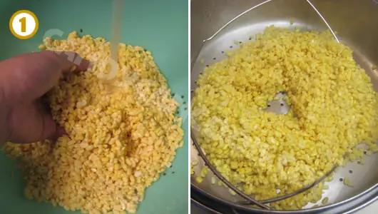 Rửa đậu xanh và để ráo rồi trộn với muối và hấp chín