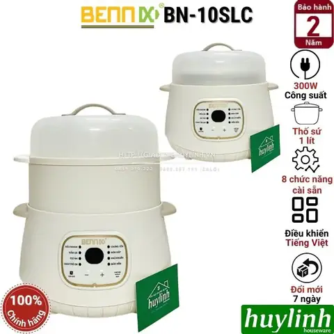 Nồi chưng yến Bennix BN-10SLCcó dung tích 1 lít; kèm theo xửng hấp giúp nấu 2 món ăn cùng 1 lúc; sản phẩm trang bị 8 chương trình cài sẵn nấu nướng cùng chế độ hẹn giờ nấu thuận tiện.